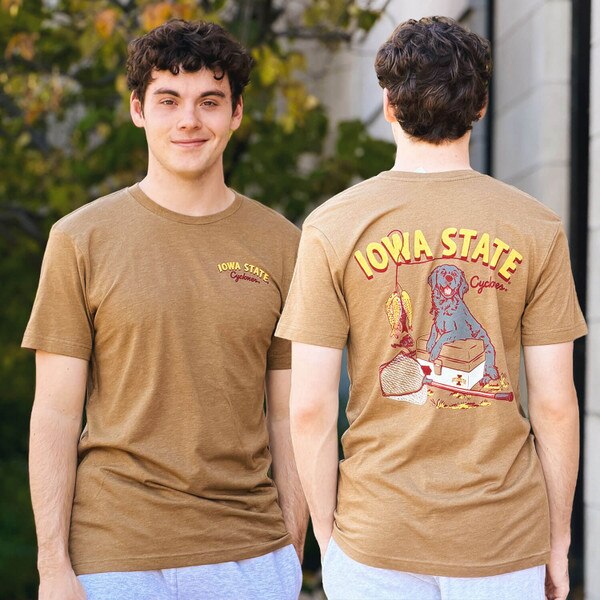 Image One I-State Fishing Dog Brown Short Sleeve T-Shirt front and back